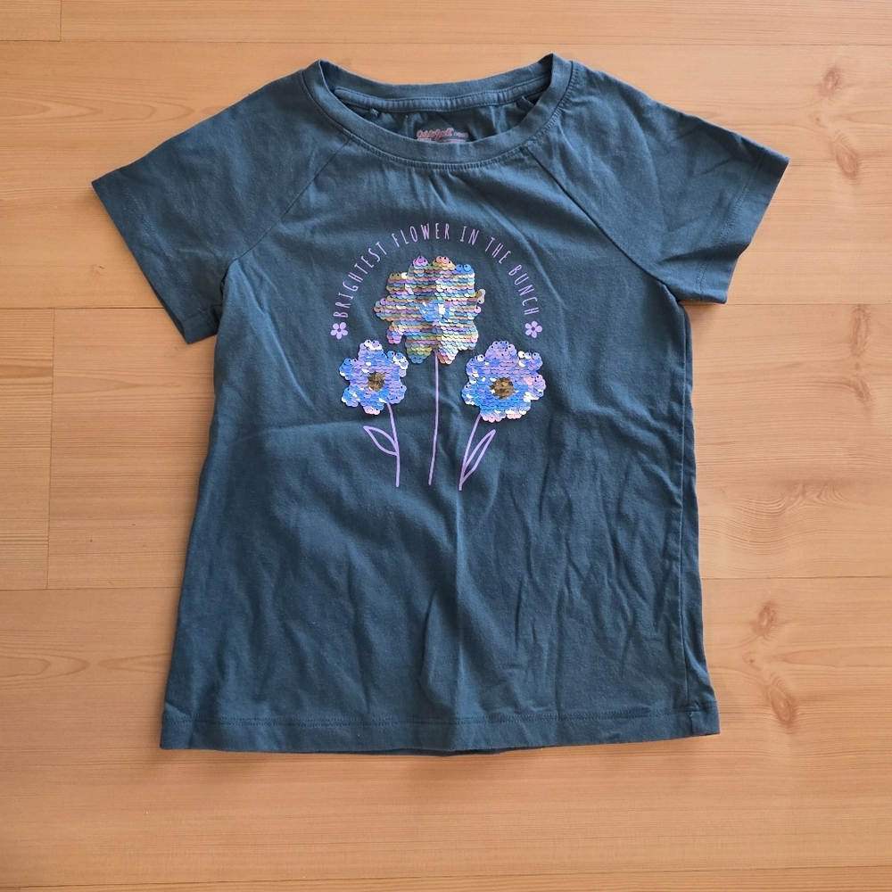 Cat & Jack Green Floral Graphic Tee With Sequin Flip 6/7